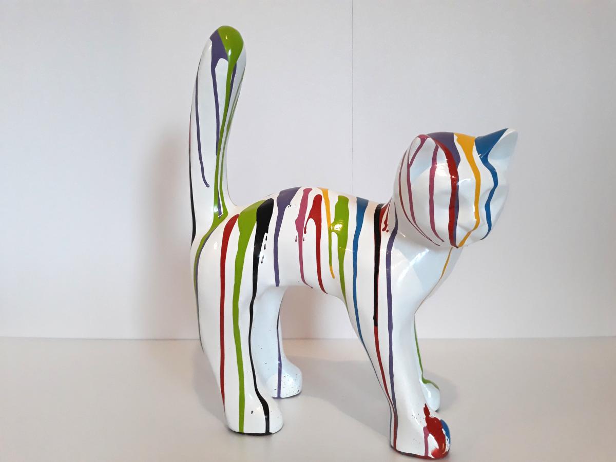 Sculpture contemporaine CHAT DESIGN blanc coulures multicolores